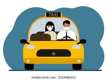 Coche de taxi amarillo. Un taxista con camisa, corbata y máscara médica lleva a una pasajera con una máscara médica. En primer plano. Ilustración plana del vector