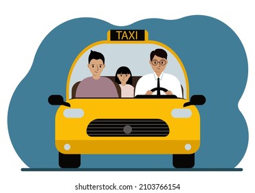 Coche de taxi amarillo. Un hombre con camisa y corbata, un taxista, lleva a un pasajero y a un niño. En primer plano. Ilustración plana del vector