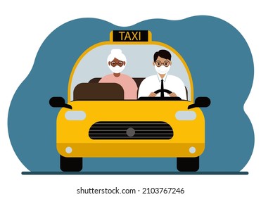 Yellow taxi car. A man in a shirt and tie, a taxi driver, is carrying a passenger to his grandmother. Everyone is wearing medical masks. Front view. Vector flat illustration