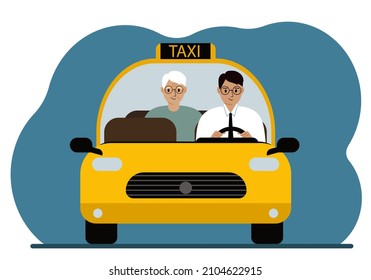 Yellow taxi car. A man in a shirt and tie, a taxi driver, is carrying a passenger to his grandfather. Front view. Vector flat illustration