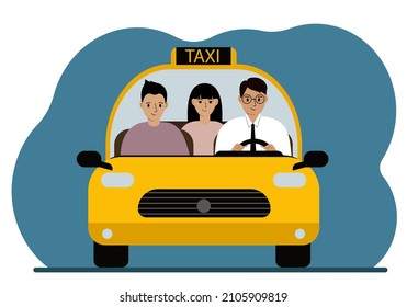 Coche de taxi amarillo. Un hombre con camisa y corbata, un taxista, carga a un hombre y a una mujer pasajeros. Vista frontal. Ilustración plana del vector