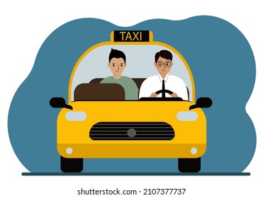 Coche de taxi amarillo. Un hombre con camisa y corbata, un taxista, lleva a un pasajero. En primer plano. Ilustración plana del vector