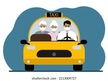 Yellow taxi car. A man in a shirt and tie, a taxi driver, carrying passengers grandparents. Everyone is wearing medical masks. Front view. Vector flat illustration