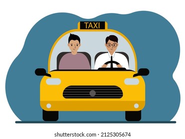 Yellow taxi car. A man in a shirt and tie, a taxi driver, is carrying a man passenger. Foreground. Vector flat illustration