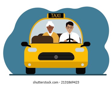 Yellow taxi car. A man in a shirt and tie, a taxi driver, is carrying a passenger to his grandmother. Front view. Vector flat illustration