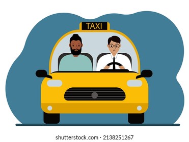 Yellow taxi car. A man in a shirt and tie, a taxi driver, is carrying a man passenger. Foreground. Vector flat illustration