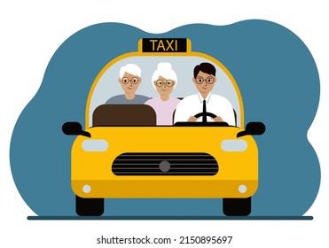 Yellow taxi car. A man in a shirt and tie, a taxi driver, carrying passengers grandparents. Front view. Vector flat illustration