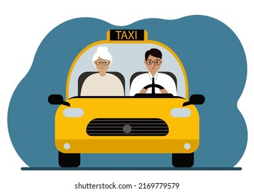 Yellow taxi car. A man in a shirt and tie, a taxi driver, is carrying a passenger to his grandmother. Front view. Vector flat illustration