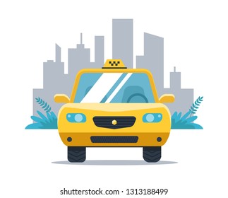 Yellow taxi car on the background of the city. White background. vector flat illustration