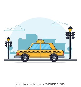 Gelbes Taxi Auto auf Stadt Vektor-Illustration. Konzeption des Taxi-Service