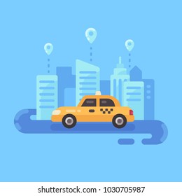 Yellow taxi car on the road. Taxi service flat illustration banner