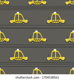 Yellow taxi car seamless pattern. Vector childish illustration in scandinavian simple hand-drawn style. The limited palette is ideal for printing on baby clothes, digital paper.
