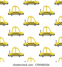 Patrón transparente del camión de taxis amarillos. Imagen infantil vectorial en estilo escandinavo simple dibujado a mano. La paleta limitada es ideal para imprimir en ropa de bebé, papel digital.