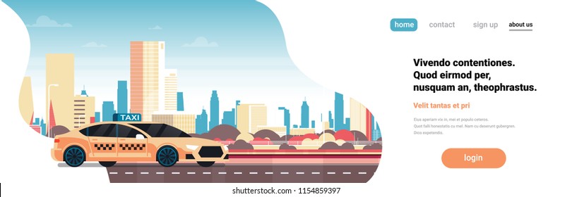 Yellow taxi car service cab road over modern cityscape background horizontal banner flat copy space vector illustration