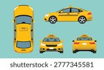 Yellow taxi car set with side, top, front, and rear view, modern city transport vehicle with roof sign and checker for automotive, urban mobility, and ride service concept, vector flat illustration