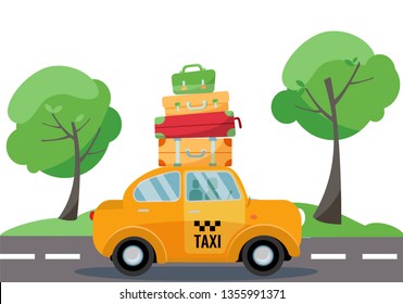yellow taxi car with a stack of suitcases and luggage on the roof tpo drives on the road. Summer Landscape with green trees. Side view of the vehicle. Vector flat cartoon illustration