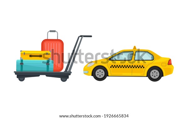 Yellow Taxi Car and Trolley with Baggage as Airport\
Terminal Vector Set