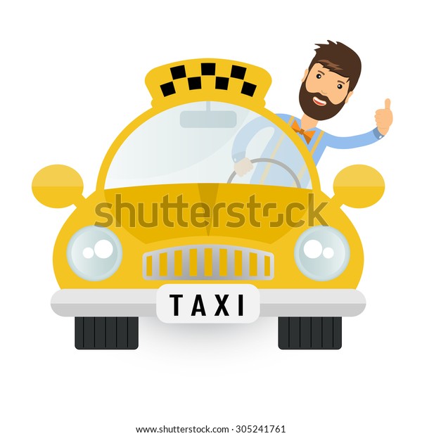 Yellow taxi car - vector icon. Taxi cab and taxi\
driver. Illustration of motor goes on road or street with taxi\
driver behind wheel with raised thumb. Inscription on car - taxi.\
Vector checkered taxi.