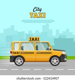 Yellow taxi with a checker on the road of the city. Speed and easy mean of transportation on the highway. Urban cab. Skyscrapers on the background. City taxicab driving through street. Vector