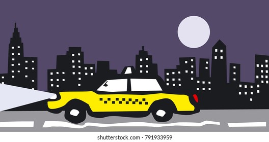 Yellow taxi in the city. Vector illustration