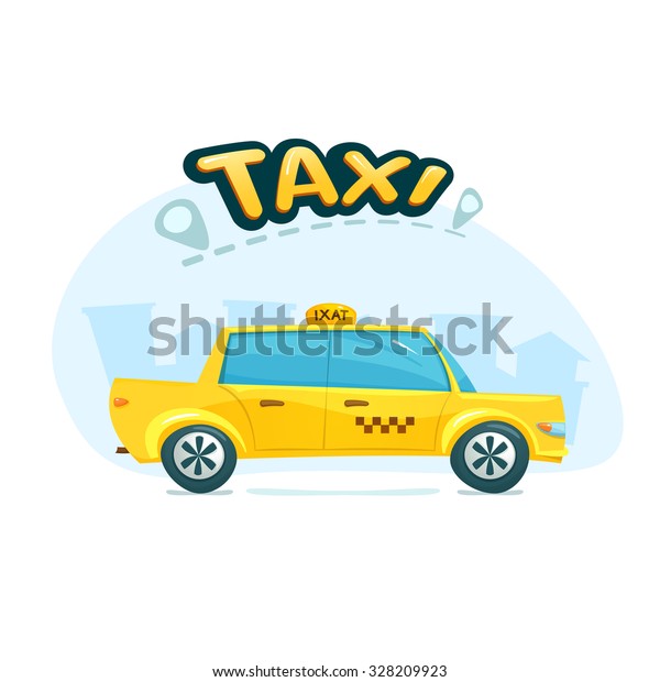 The yellow taxi with\
cityscape backdrop and  text logo, urban transport, vector\
illustration