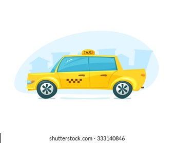 The yellow taxi with cityscape backdrop, urban transport, vector illustration