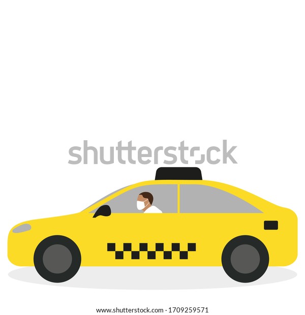 Yellow taxi with a\
driver in a medical\
mask