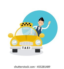 yellow taxi driver - vector icon. funny vector character - taxi driver, waving his hand