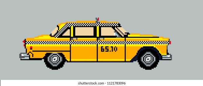 Yellow taxi .Taxi driver.Pixel art. Vector Illustration isolated on white background.