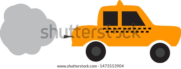 A yellow taxi emitting smoke pollution,\
vector, color drawing or\
illustration.