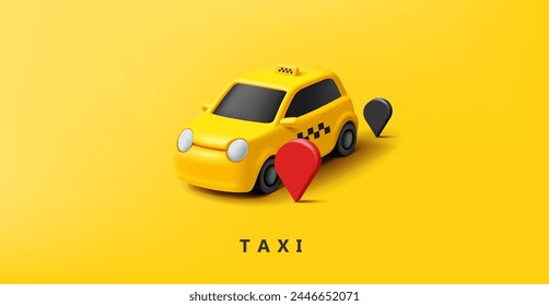 Yellow taxi with geolocation icons, 3D. Isometry. Image on yellow background for design concepts of transport services, travel, taxi, food delivery, transportation. Vector