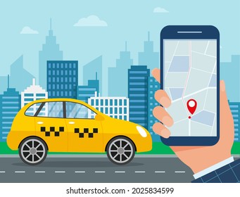 Yellow taxi. Hands with smartphone and taxi app in the city. Taxi service concept. Vector illustration in flat style EPS 10
