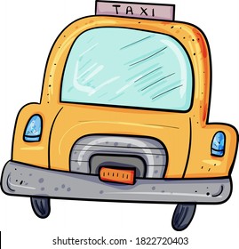 El Taxi Amarillo se está precipitando por el camino. Ilustración vectorial al estilo de los niños. Ilustración de imagen de clip vectorial.