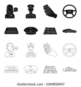 Yellow taxi inscription, a cap with a taxi badge, a map with a mark, a car with checkers. Taxi set collection icons in black,outline style vector symbol stock illustration web.