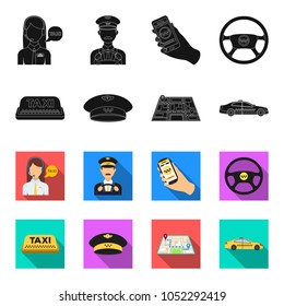 Yellow taxi inscription, a cap with a taxi badge, a map with a mark, a car with checkers. Taxi set collection icons in black,flet style vector symbol stock illustration web.