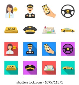 Yellow taxi inscription, a cap with a taxi badge, a map with a mark, a car with checkers. Taxi set collection icons in cartoon,flat style vector symbol stock illustration web.