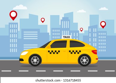 Yellow taxi on city background. Vector illustration in flat style.