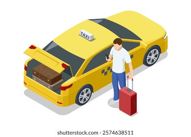 A yellow taxi with an open trunk loaded with suitcases and a man using a smartphone beside the car. Perfect for showcasing travel and transportation services. Taxi transport, service. Taxi car.