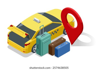 A yellow taxi with open trunk and various suitcases, accompanied by a large red location pin, highlighting travel and location-based taxi services. Taxi transport, service. Taxi car.