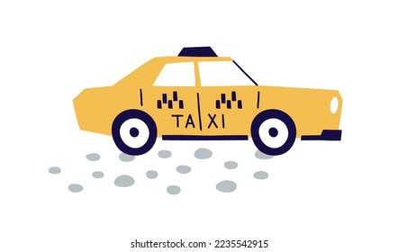 Yellow taxi, passenger car in Scandinavian style. Cute kids cab, auto toy. City taxicab, automobile travel on street. Childish wheeled vehicle. Flat vector illustration isolated on white background.