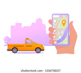 Yellow taxi service. Flat vector.Car cab side view pick-up.Transportation and cargo delivery.Hand holding smart phone app on display map.