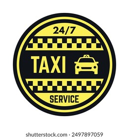 Yellow taxi service sign indicating 24 7 availability for passengers in urban setting