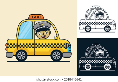 Yellow taxi with smiling driver. Vector cartoon illustration in flat icon style