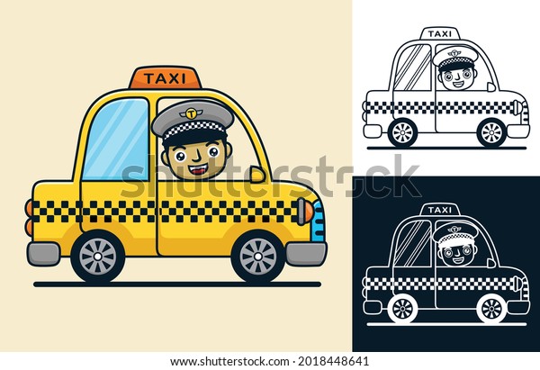 Yellow taxi with smiling driver. Vector cartoon\
illustration in flat icon\
style