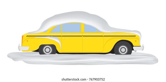 Yellow taxi in the snow in the winter. Flat vector illustration EPS10.