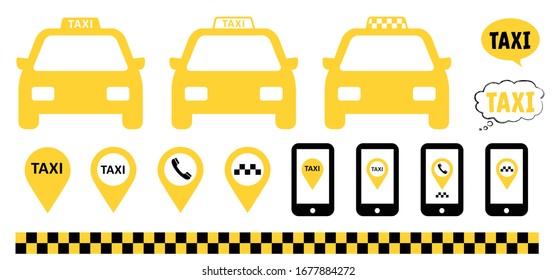 Yellow taxi station and parking for taxis cars  Waiting cabstand meter zone Funny parking city area Taxi stand rank Vector signs Point service concept icons Street traffic 247 24 car cab-stand drivers