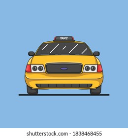 Vector de taxi amarillo desde la vista frontal aislado en fondo azul