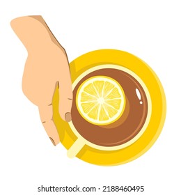 A yellow tea cup with lemon on a saucer in the hand on top. Lemon slice in a bright tea cup. Vector illustration.