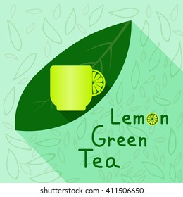 Yellow tea cup with lemon on green leaf. Lemon green tea logo. Lemon Green Tea label. Lemon green tea concept