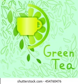 Yellow tea cup with lemon on tea branch. Green tea logo. Green Tea label. Green tea concept